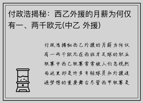 付政浩揭秘：西乙外援的月薪为何仅有一、两千欧元(中乙 外援)