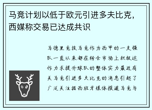 马竞计划以低于欧元引进多夫比克，西媒称交易已达成共识