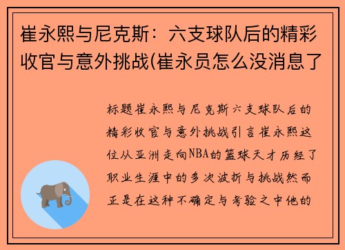 崔永熙与尼克斯：六支球队后的精彩收官与意外挑战(崔永员怎么没消息了)