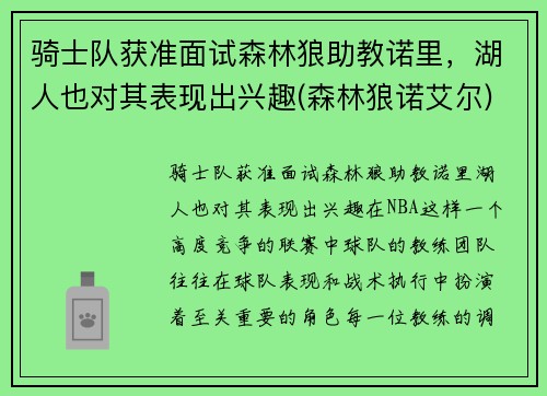 骑士队获准面试森林狼助教诺里，湖人也对其表现出兴趣(森林狼诺艾尔)