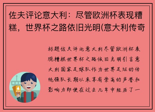 佐夫评论意大利：尽管欧洲杯表现糟糕，世界杯之路依旧光明(意大利传奇门将佐夫)