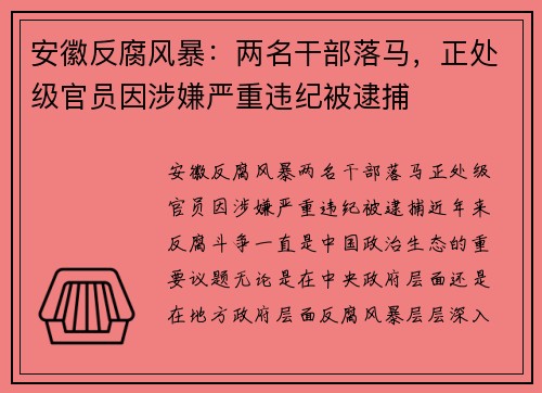 安徽反腐风暴：两名干部落马，正处级官员因涉嫌严重违纪被逮捕